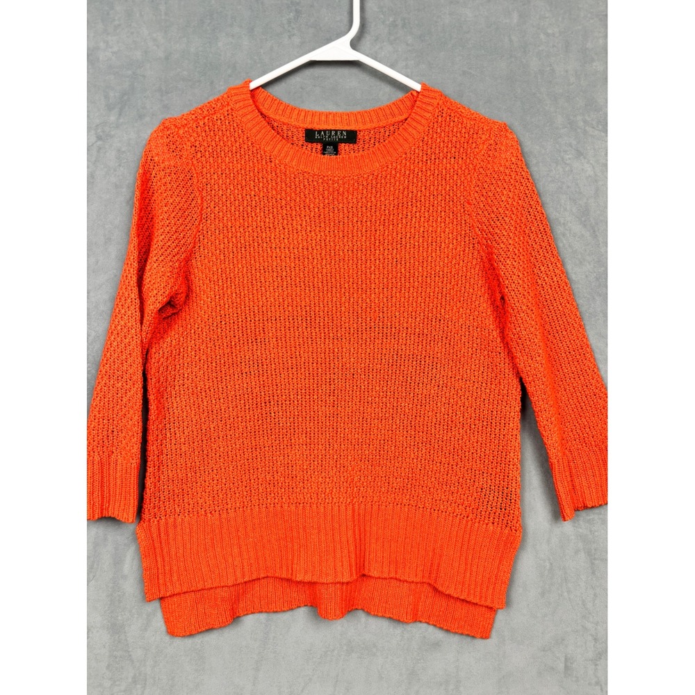 Lauren Ralph Lauren Petite Orange Open Knit Crew Neck Sweater PXS